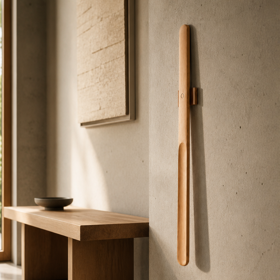 Chausse-pied magnétique en bois naturel ORAVI fixé sur un mur dans une maison d'architecte